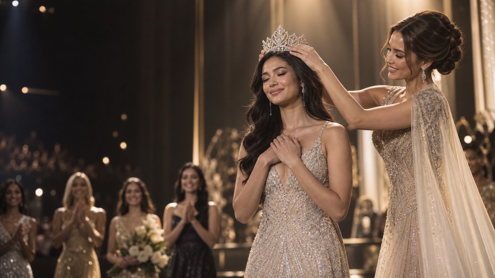 A titleholder receiving her crown