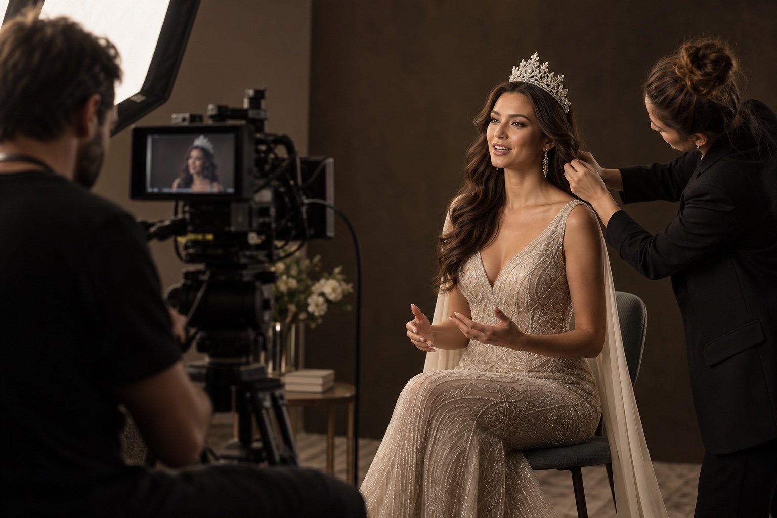 A pageant winner filming her official introduction with a professional team