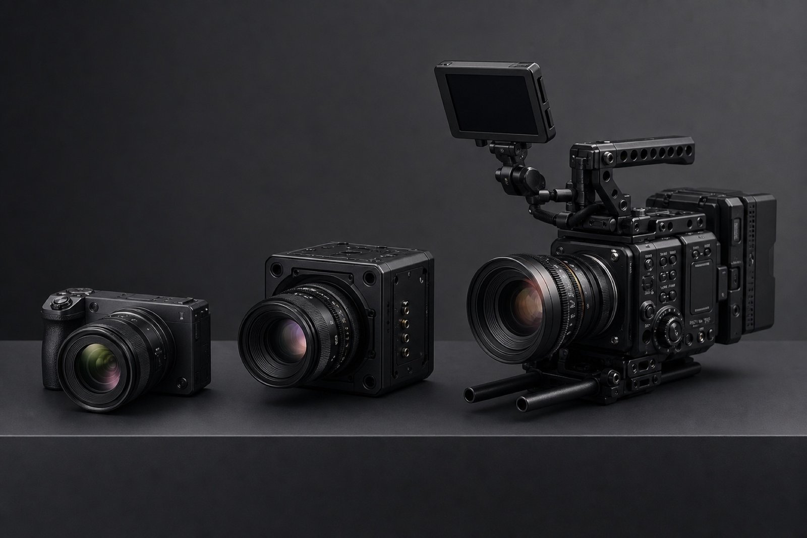 Three professional cinema camera configurations arranged from compact to production-ready