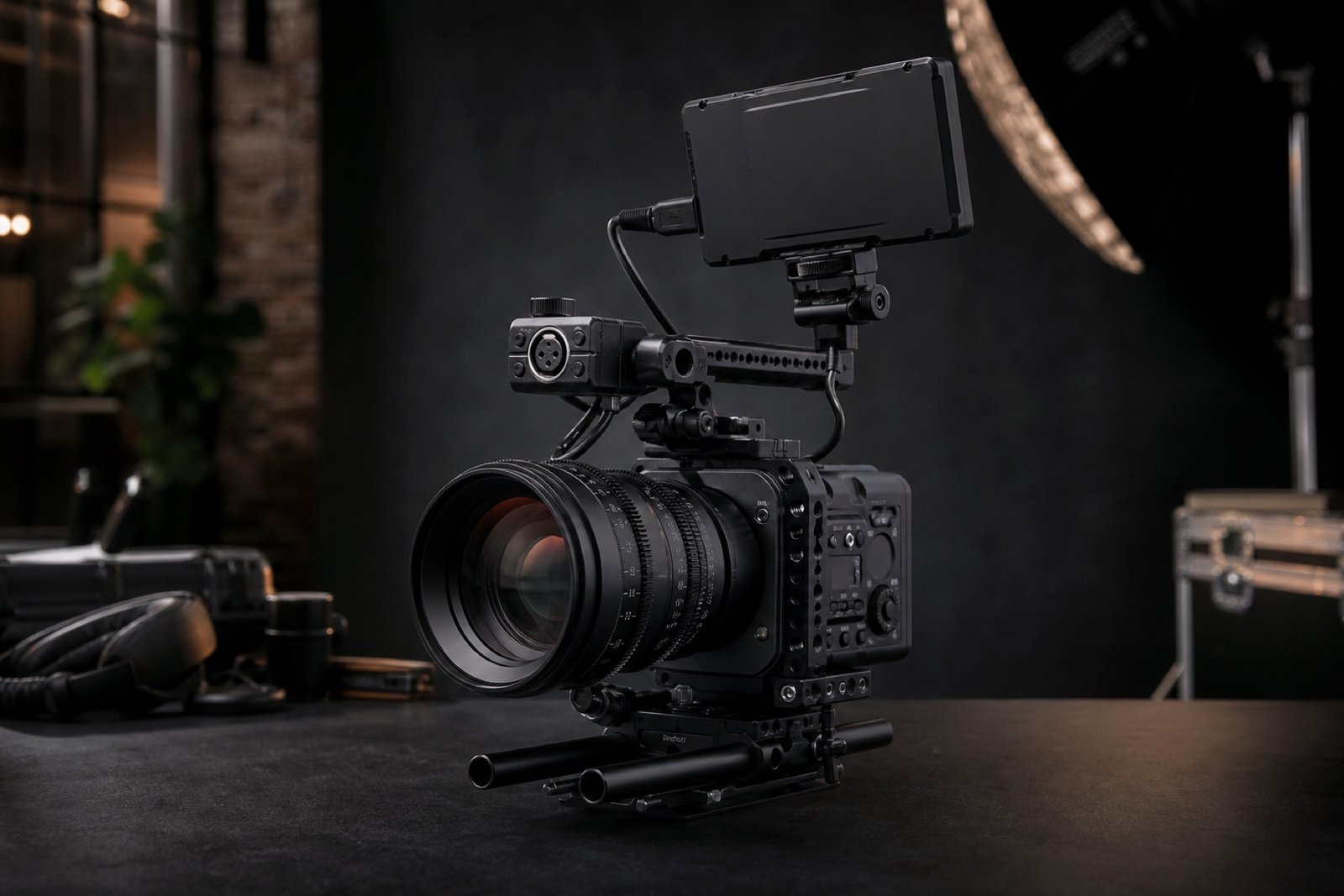 Compact professional cinema camera rig photographed in a dark production studio