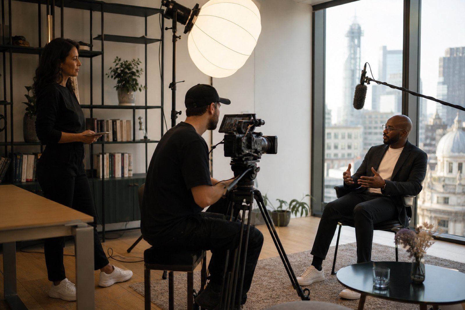 Professional film crew recording a brand interview in a contemporary London office